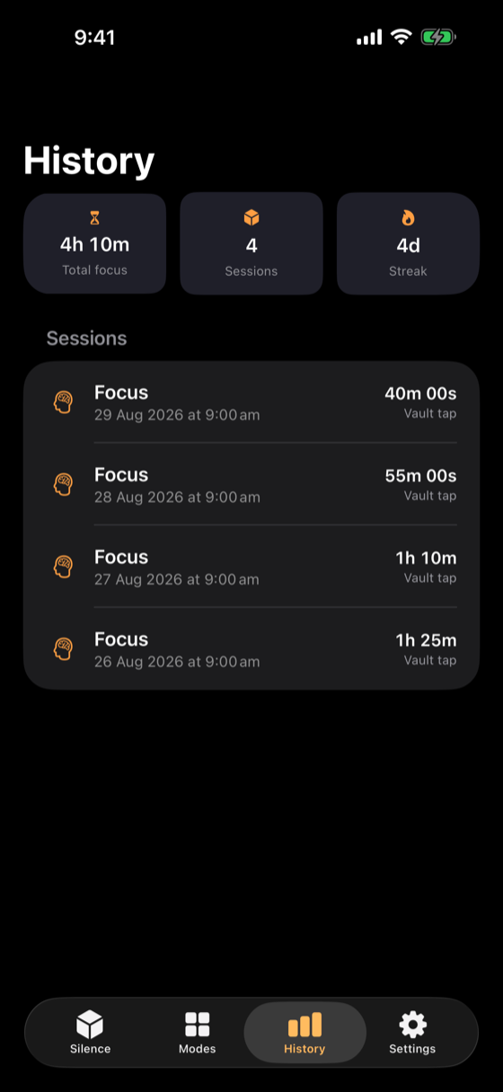 History tab: total focus time, session count, streak, session list