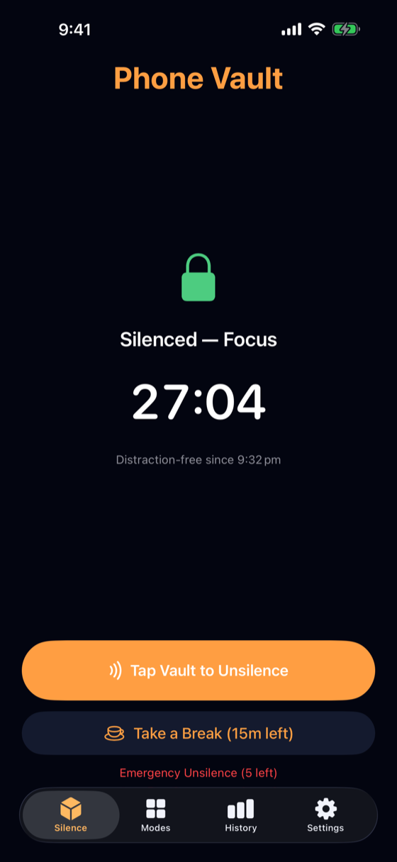 Active session: lock icon, elapsed timer, Tap Vault to Unsilence