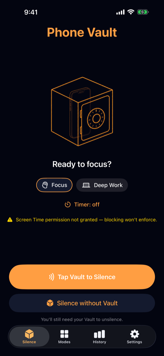 Home screen, idle: mode chips, timer choice, Tap Vault to Silence