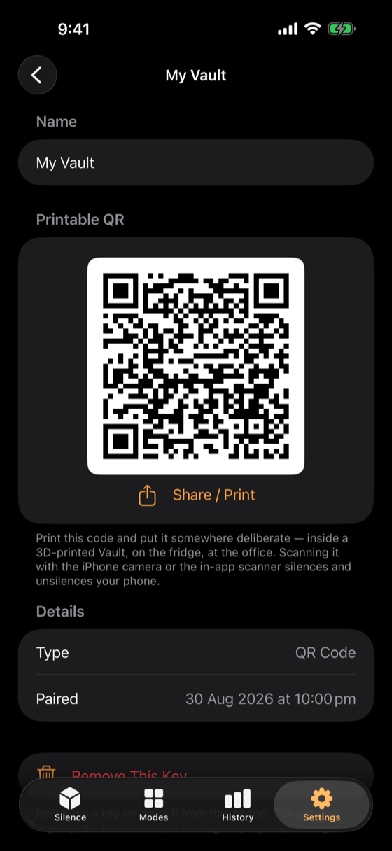 Key detail: printable QR code with Share / Print