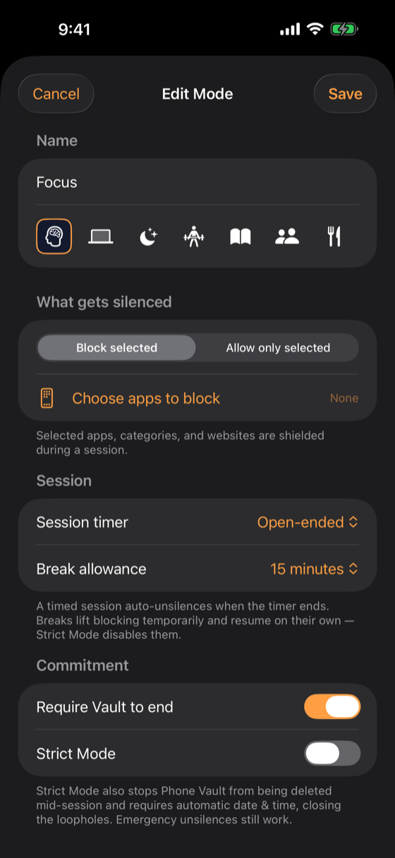 Mode editor: rule, session timer, break allowance, commitment toggles